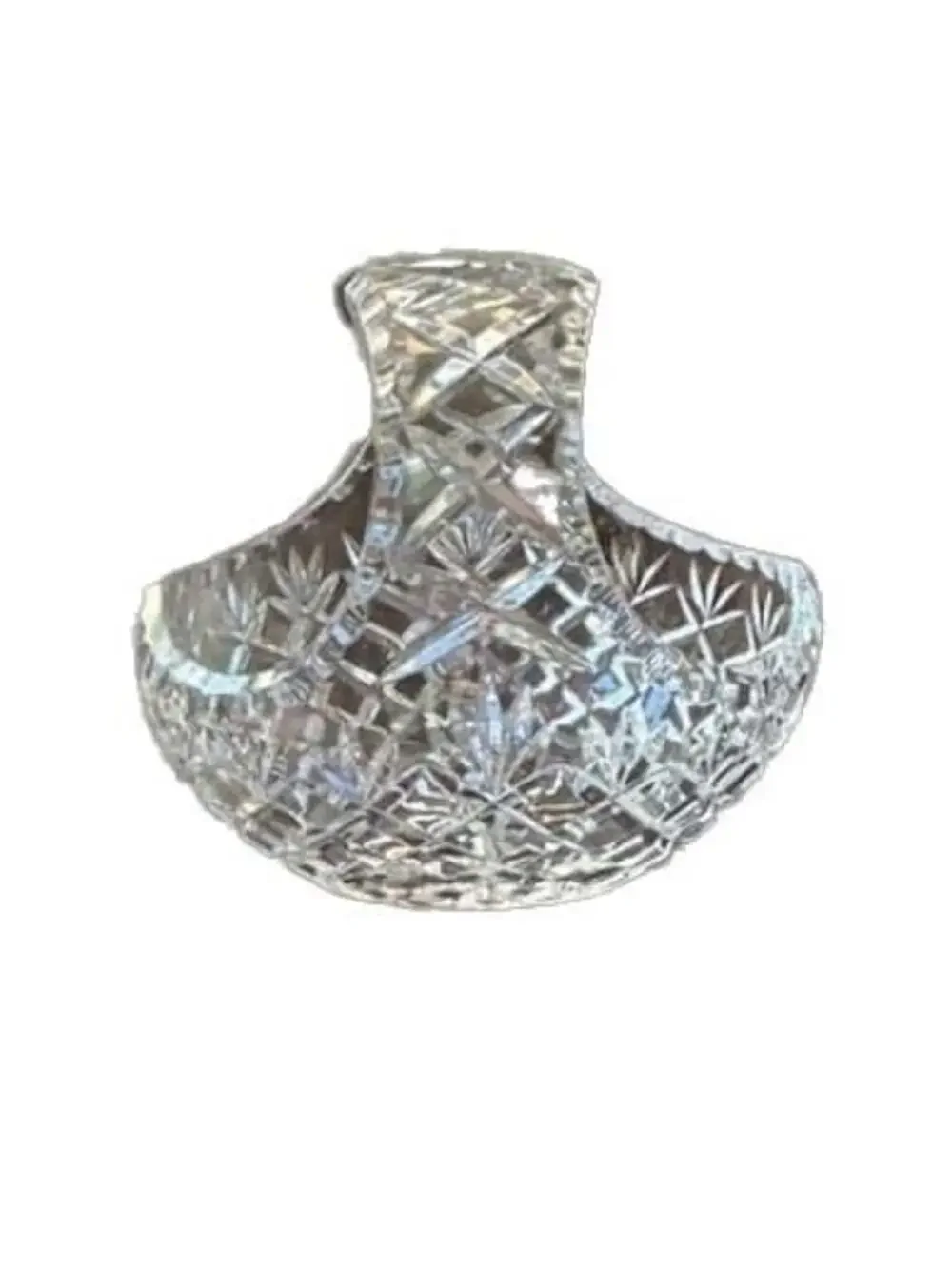 Vintage Cut Crystal Glass Basket with Starburst Pattern and Handle 8” Across